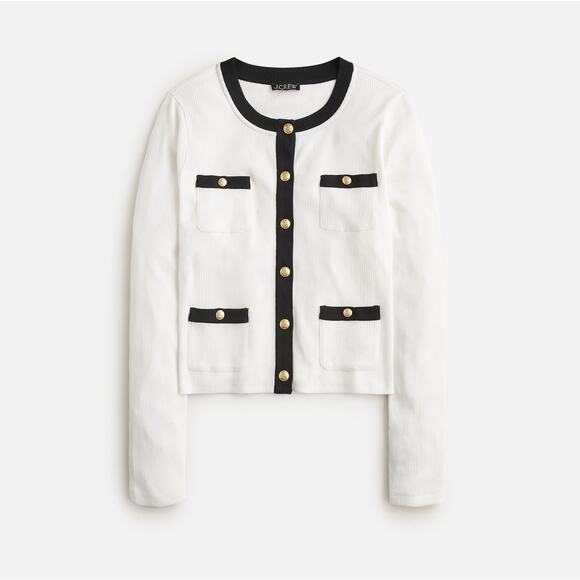 J. CREW Vintage Rib Lady Jacket Long Sleeve Cardigan White Black Sz S {3R4} - Picture 1 of 7